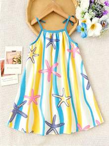 SHEIN Elladie kids 少女度假风可爱清新彩色海星、波浪、蝴蝶结装饰吊带裙，A字柔软连衣裙，充满夏日活力和童真，适合外出和暑假穿着 - 彩色 - 查看 2