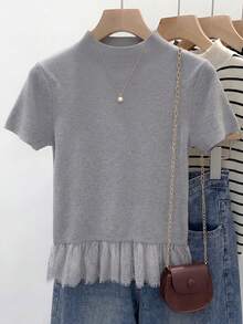 Franclia Women's Lace Patchwork Casual Versatile Daily Wear Knit Top - Grey - View 1