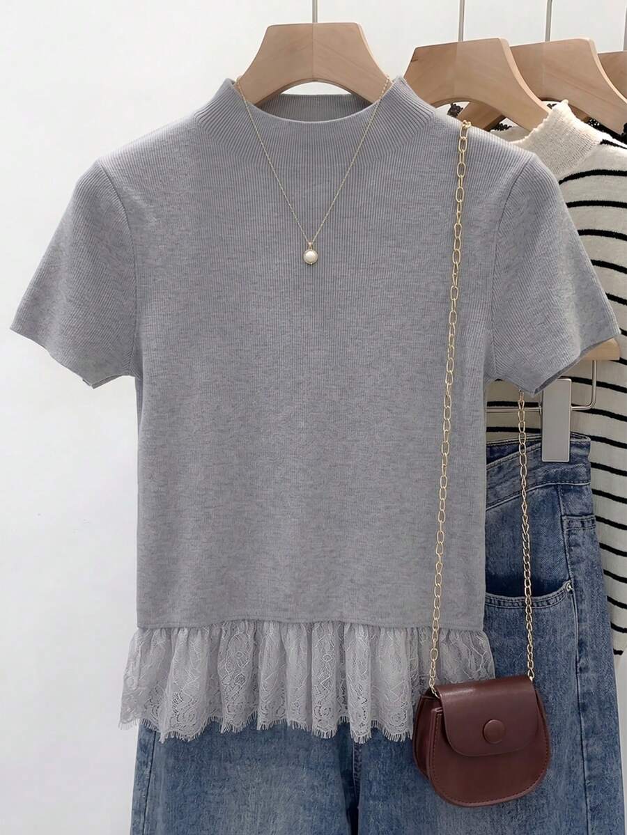 Franclia Women's Lace Patchwork Casual Versatile Daily Wear Knit Top - Grey - View 1