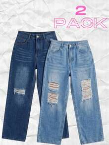 Set 2 Jeans Mom High Rise Pants Light Dark Dark Torn Ankle Closure - Denim Clásico Intenso y Azul Retro Fade - View 1