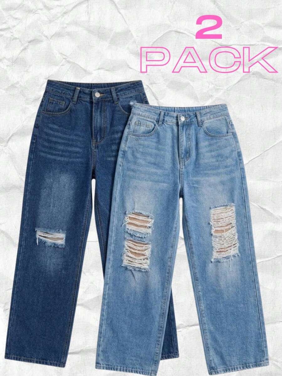 Set 2 Jeans Mom High Rise Pants Light Dark Dark Torn Ankle Closure - Denim Clásico Intenso y Azul Retro Fade - View 1