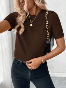 Pariaura Women's Solid Color Round Neck Short Sleeve Casual Knit Top - Chocolate Brown - View 6