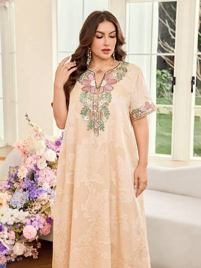 Al Najma Đầm dài tay dáng rộng, thanh lịch, lãng mạn, cỡ lớn dành cho nữ, chất liệu chiffon jacquard, kiểu Thổ Nhĩ Kỳ - Ả Rập.