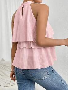 Firerie Loose Neck Ruffle Asymmetrical Chiffon Blouse,Summer Top - Baby Pink - View 3