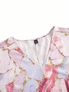 Enliva Blusa de manga de murciélago con estampado de mármol en talla grande, para el verano - Multicolor - Ver 3