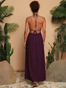 Travachic Vestido sin mangas de cuello en V de unicolor para mujer - Rojo violeta - Ver 2