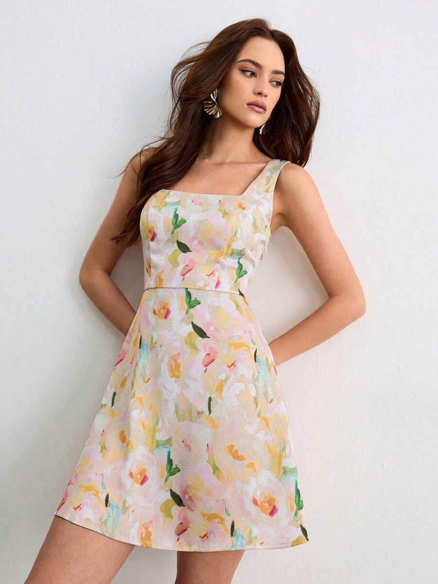 CielaLinda Đầm mini dáng chữ A cổ vuông bằng vải satin in hoa hai mặt dành cho nữ - Nhiều màu - Xem 1