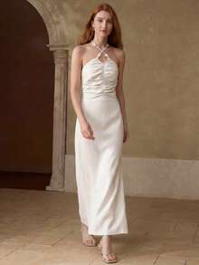 MOTF PREMIUM RUCHED THIGH SLIT HALTER DRESS - Apricot - View 6