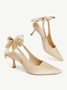 CUCCOO CHICEST Giày cao gót mũi nhọn, đa năng, thanh lịch, kiểu dáng cổ tích, nơ sau lưng, chất liệu satin màu mơ, gót hở. - Màu be - Xem 3
