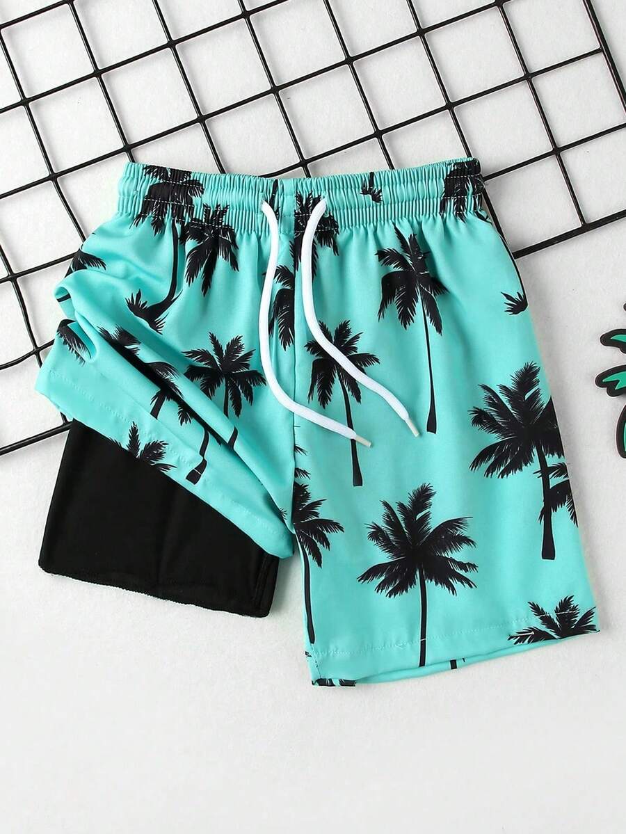 SHEIN Explorewe Đồ bơi cho bé trai in hình cây dừa ngẫu nhiên, làm bằng vải co giãn 4 chiều - Nhiều màu - Xem 1
