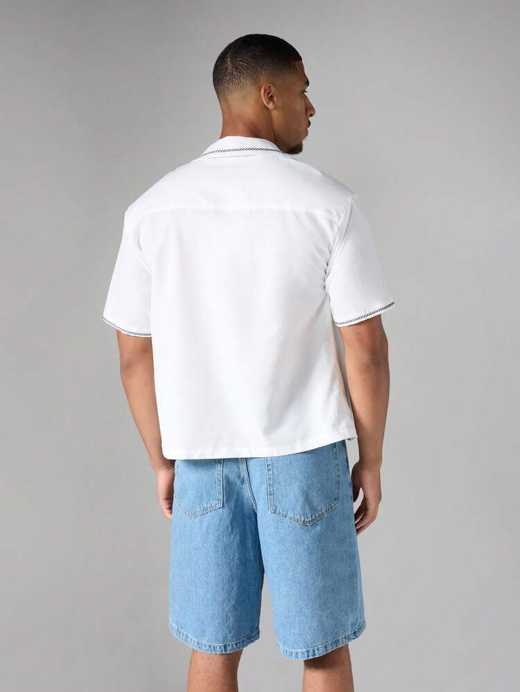 Cross Stitch Embroidered Short Sleeve Camp Collar Shirt With Chest Pocket Summer Holiday