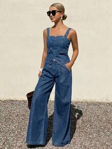 DAZY Conjunto de top con peto de mezclilla y pantalones anchos y sueltos de mezclilla casual para mujer - Azul lavado oscuro - Ver 2