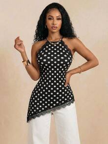 Eryvara Elegant Casual Polka Dot Halter Neck Camisole, Summer New Arrival - Black - View 7