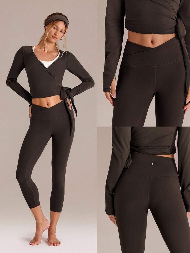 21" FeatherFit™ Crossover Waist Y-Shaped Butt Seam Cutie Capri Leggings Low Impact Yoga Pilates Studio Daily Spring Summer