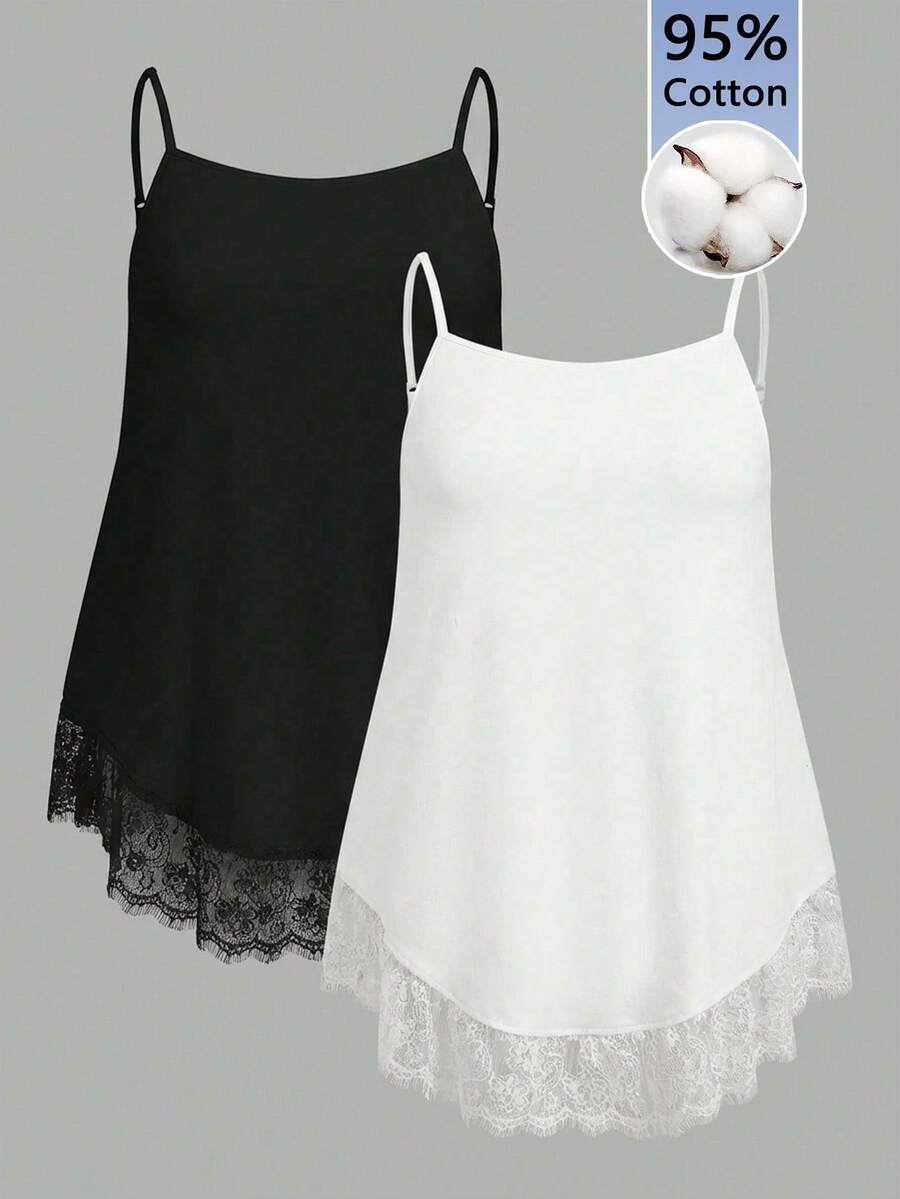 SHEIN EZwear 2件套女士休闲95%棉加大码吊带背心,黑白两色 - 黑與白 - 查看 1