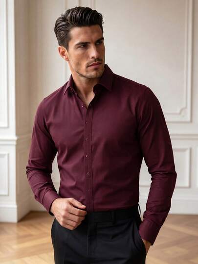 Core Aspect Camisa de manga larga casual de negocios con diseño de media cartera de unicolor para hombres