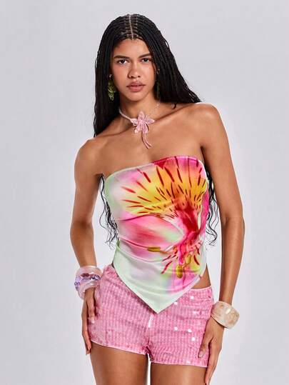 ROMWE Y2K Camiseta de satén con escote en V y cuello halter con estampado floral, ideal para vacaciones de primavera/verano