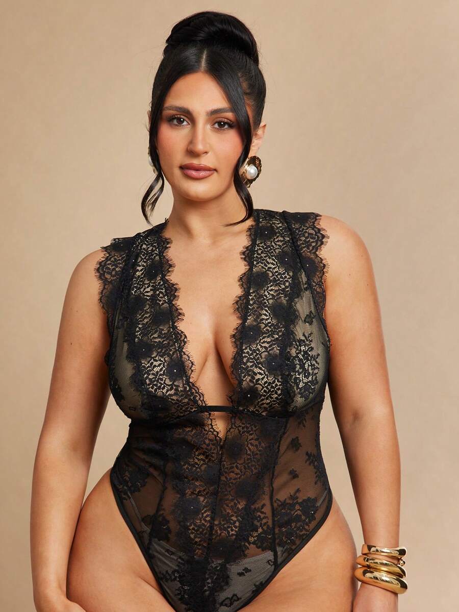 SHEIN BAE 大码女士蕾丝拼接透视性感连体衣，时尚百搭 - 黑色 - 查看 1