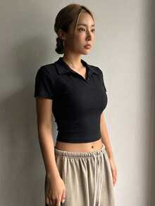 DAZY Women's Solid Color Polo Collar Fitted Short Sleeve T-Shirt Crop Top - Black - View 5