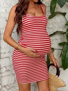 SHEIN 孕妇休闲条纹撞色无袖连衣裙 - 紅色 - 查看 5