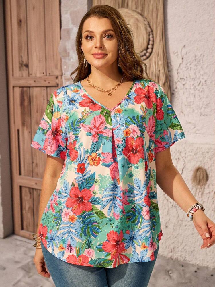Plus Size V-Neck Ruched Summer Short Sleeve Casual Solid Dressy Top,Country Casual Vacation Outfits Woman,Simple And Fashionable For Everyday Wear,Summer Tops Women,Summer Outfits For Women Plus Size Summer Blouse Tropical Tops Plus Size Plus Size Summer Shirts Plus Size Women Clothes Blouse For Women Plus Size