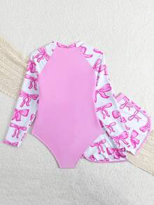 SHEIN Ensemble de maillot de bain une pièce pour filles préadolescentes avec nœud rose et imprimé floral, blocs de couleurs, vacances d'été à la plage - Rose bonbon - View 2