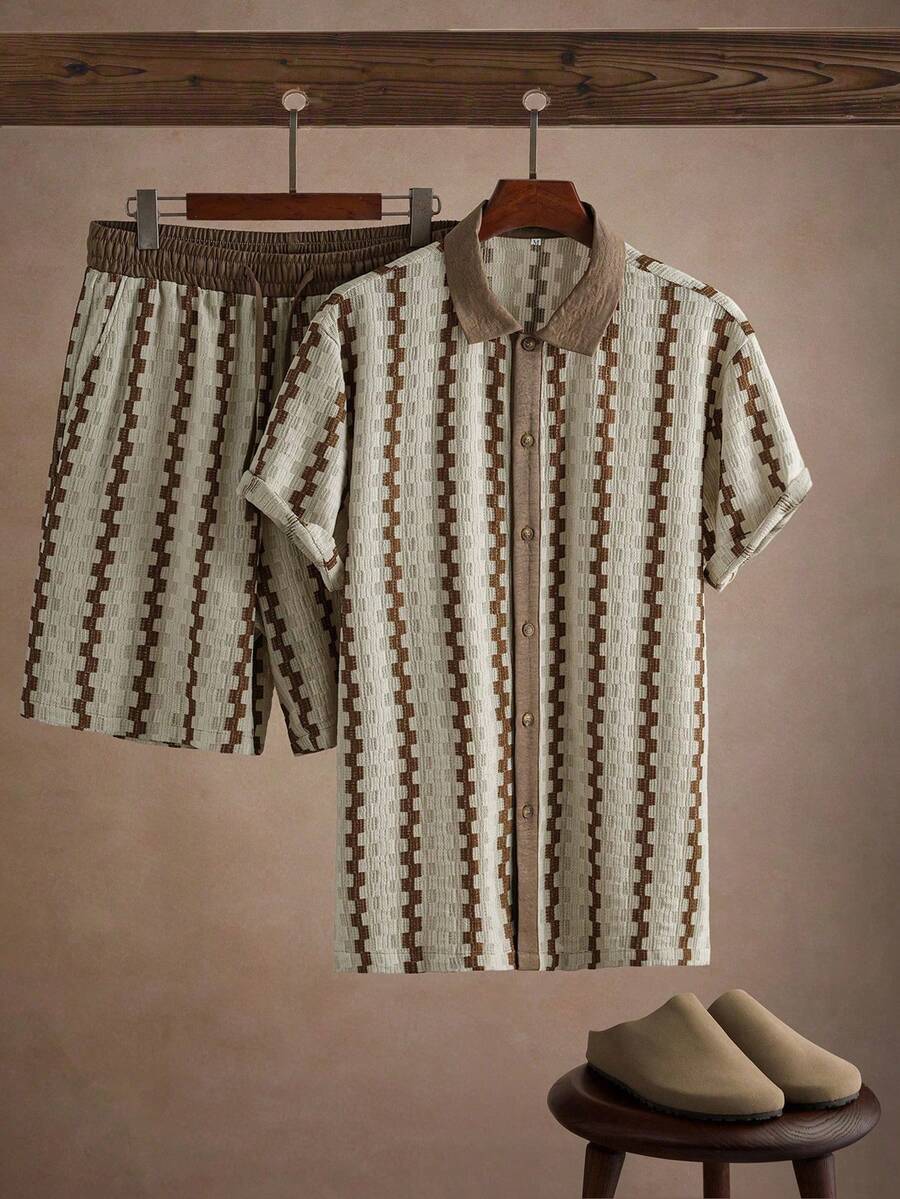 Core Aspect Conjunto de camisa casual de punto jacquard para hombre - Albaricoque - Ver 1