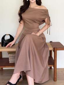 Feyla Women's Solid Color Ruched Asymmetric Waist Elegant Elegant Midi Dress For Party Garden Party Coffee Brown Summer - Coffee Brown - View 3