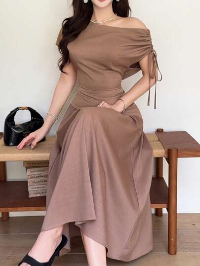 Feyla Đầm midi nữ màu trơn, xếp ly, eo bất đối xứng, thanh lịch, thích hợp dự tiệc.