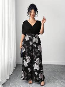 Elenzga Plus Size Solid Color & Printed Patchwork V-Neck Short Sleeve Jumpsuit - Black and White - View 5