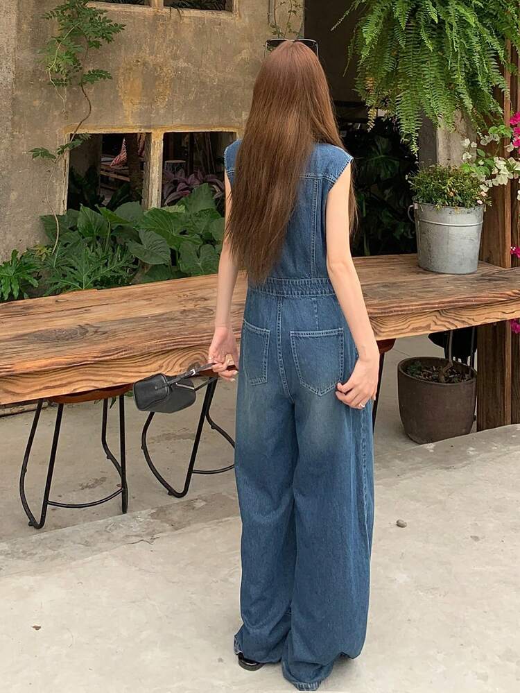 Women's V-Neck Single-Breasted Casual Pocket Denim Jumpsuit Summer