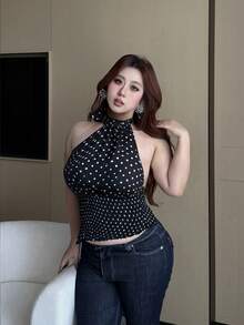 Sweetra Áo thun không tay ôm sát, buộc dây cổ, chấm bi đen, kiểu dáng thường ngày, xếp ly. - màu đen - Xem 1