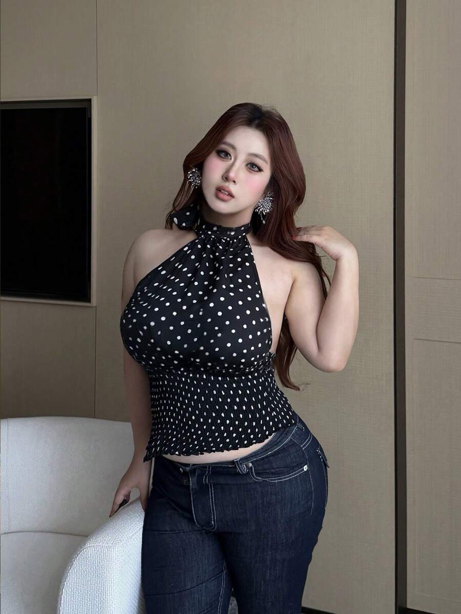 Sweetra Áo thun không tay ôm sát, buộc dây cổ, chấm bi đen, kiểu dáng thường ngày, xếp ly. - màu đen - Xem 1