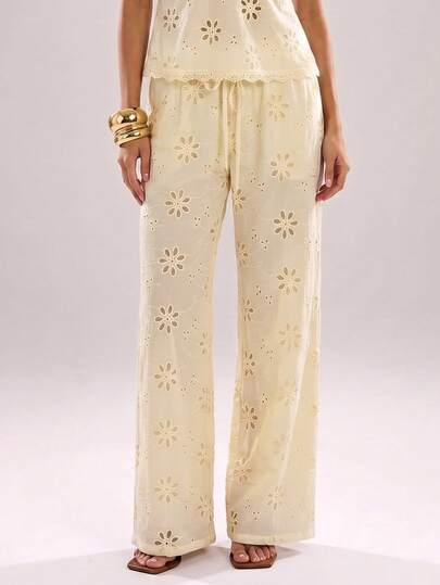 SHEIN BAE Quần dài cạp thấp bằng vải lanh màu vàng nhạt/màu mơ, quần đi biển, quần dài rộng rãi bằng vải lanh màu mơ thêu lỗ, quần thêu lỗ, quần mùa hè.