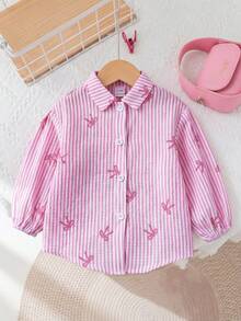 SHEIN LMoss Kids LMoss 女婴时尚可爱条纹长袖衬衫，非常适合度假 - 粉色 - 查看 9