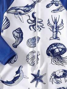 SHEIN 2-Pack Newborn Cute Ocean Seashell Print Long-Sleeved Swimsuit With Swim Cap,Blue And White Striped,Summer,Beach,Vacation,Holiday,For Spring/Summer - Blue - View 5