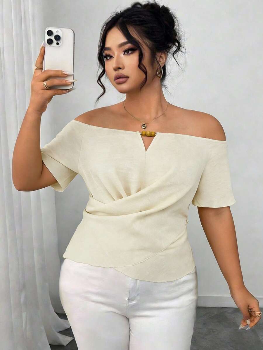 INAWLY Plus Size Women Solid Color Off-Shoulder Ruched Casual Versatile Daily Wear Top - Apricot - View 1