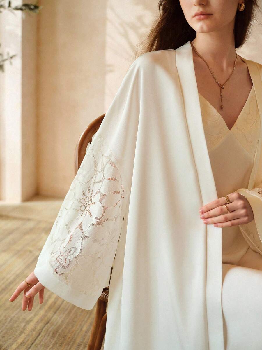 MOTF PREMIUM WOMEN'S CONTRAST LACE FLARE SLEEVE ROBE - White - View 2