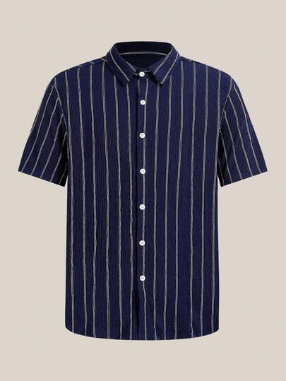 VeloEdit Herren gestreiftes Freizeithemd mit Knopfleiste, Strickware, Kragen in Königsblau, mit Tasche & Knopfverschluss, Vintage-Stil, Geschenkidee zum Vatertag für Vater & Freund, Outfit für Herren