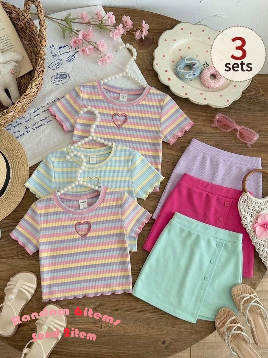 Conjunto informal de niña preadolescente con blusa de cuello redondo de manga corta a rayas y minifalda - Multicolor - Ver 1