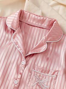 2-Piece Girls Kids Summer Pink Stripe Cute Nighties,Lapel Collar Short Sleeve Ruffle Trim Satin Pajamas Set,Ice Silk Sleepwear Loungewear Homewear - Dusty Pink - View 4