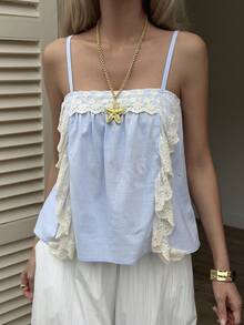Livesso Women's Lace Patchwork Ruffle Casual Versatile Daily Wear Camisole Top Summer - Blue - View 4