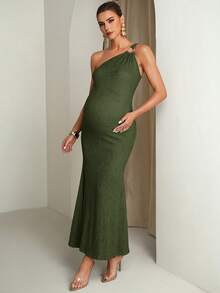 MaterniChic Fashionable & Versatile Textured Asymmetric Neck Metal Buckle Maternity Dress - Army Green - View 3