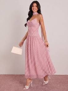 Enchnt Vestido de mujer con estampado de lunares vintage elegante, con cintura ceñida y tirantes, adecuado para vacaciones de verano - Rosa - Ver 8