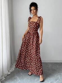 Rafferiza Đầm nữ thời trang thanh lịch, kiểu dáng dây mảnh, thắt nơ, xẻ tà, họa tiết chấm bi, thích hợp cho kỳ nghỉ, đi làm hoặc dạo phố. - màu nâu - Xem 7