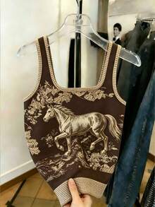 Resyla Tank Top Kasual Wanita Model Regular Fit Motif Kuda Leher Persegi - Coffee Brown - View 2