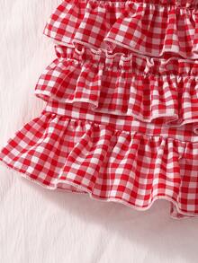 SHEIN Genkimix Kids 女童格子荷叶边吊带背心和蛋糕裙两件套 - 紅色 - 查看 5
