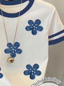 Young Girl Round Neck Contrast Trim Floral Pattern Casual Everyday Short Sleeve T-Shirt - Multicolor - View 4