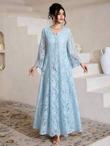 SHEIN Najma Đầm xòe tay lửng 3/4 cổ vuông phối ren tua rua dành cho nữ - Màu xanh lam - Xem 4