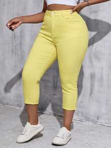 SHEIN Tall CURVE Plus Size Women White Denim Elastic Skinny Capri Pants - Yellow - View 5